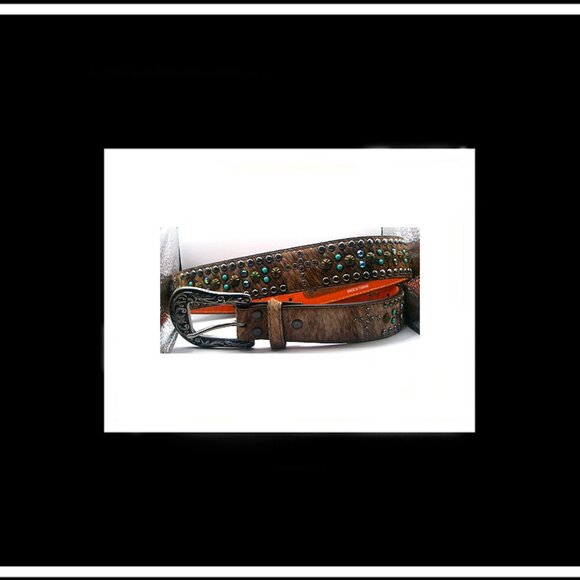 New Rare & Unique Rhinestones & Studs Brushed Animal Fur Genuine Leather Belt main image 4